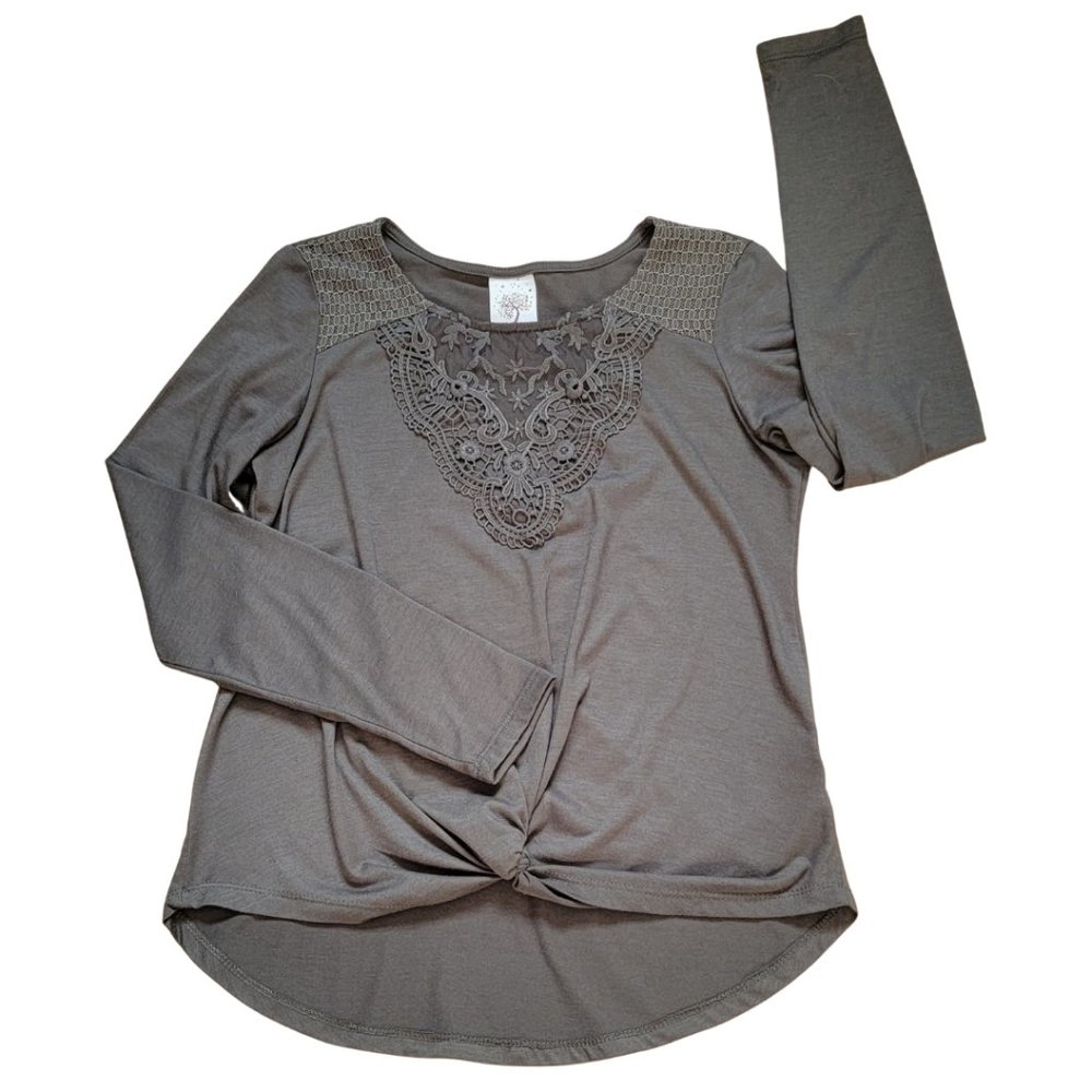 Self Esteem Women's Top Khaki Embroidered Size Small & Faux Tie at Waist (GUC)